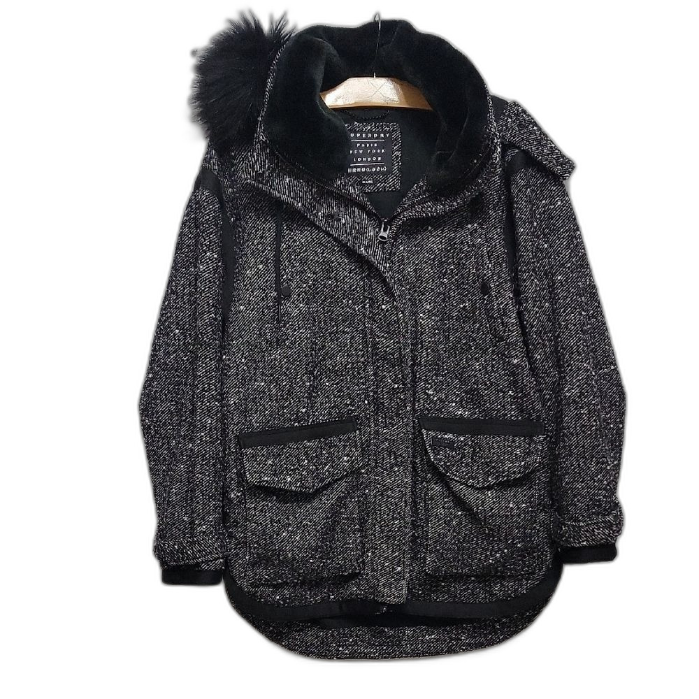 Superdry Faux Fur Wool Teddy Jacket Black Gray Size XL